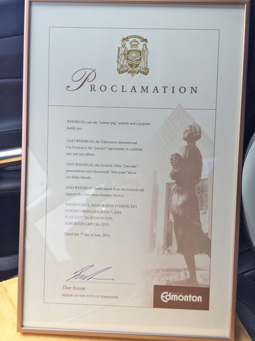 Official Cat Day Proclamation from the City of Edmonton/Mayor Don Iveson!